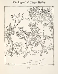 Ichabod Crane flyr från den huvudlösa ryttaren, från The Legend of Sleepy Hollow av Washington Irving (1783 - 1859), pub. 1928