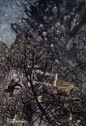 Illustration av Arthur RACKHAM (1867-1939) för The Dream of a Summer Night av William SHAKESPEARE