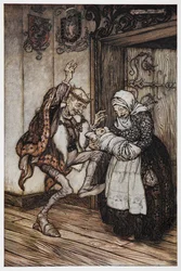 Illustration från Briar Rose av en äldre kungar och drottning och deras baby.