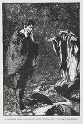 Illustration från Jorinda och Joringel av Zachiel och den gamla kvinnan.