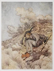 Illustration från The Golden Bird. En prins som rider på en räv.