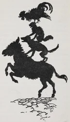 Illustration ur Stadsmusikanterna i Bremen med en åsna, hund, katt och tupp.