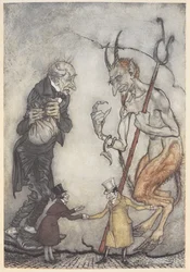Illustration av Scrooge och djävulen kommer två små män under dem
