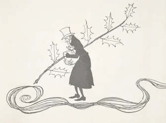 Illustration av Scrooge, avbildad av en kvist av järnek, som håller i en påse med pengar och ser arg ut.
