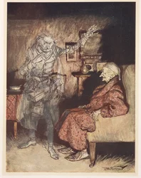 Illustration av Scrooge med Ghost of Christmas Past