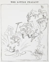 Illustration av män som hoppar från en klippa i en damm från The Little Peasants.