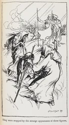 Illustration av de tre häxorna, Macbeth och Banquo.