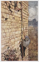 Illustration av häxan som klättrar uppför Rapunzels hår.