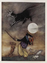 Illustration till ett barnrim. En ko som hoppar över månen. En katt som spelar fiol. En hund. En maträtt springer iväg med en sked.