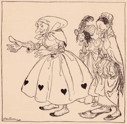 In kom de tre kvinnorna klädda på det mest äckliga sätt. Illustration av Arthur Rackham från Grimm