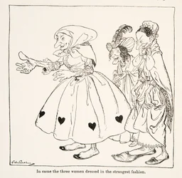 In kom de tre kvinnorna klädda på det konstigaste sätt, från Little Brother & Little Sister and Other Tales by the Brothers Grimm, pub.1917 (litho)