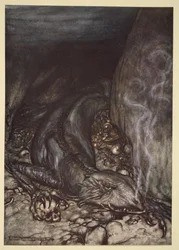 "I drakgestalt vakar Fafner nu över skatten", illustration från "Siegfried och gudarnas skymning