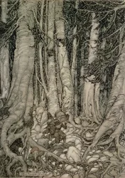 In the Forest with a Barrel från Rip Van Winkle skriven av Washington Irving (1783-1859), 1905