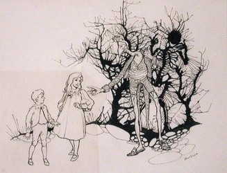 "Det var ett slags skelett", illustration från "The Zankiwank and the Bletherwitch", av S.J. Adair Fitzgerald, publicerad 1896 (penna och bläck).