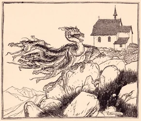 Det dröjde inte länge innan den sjuhövdade draken kom, högljutt vrålande. Illustration av Arthur Rackham från Grimms saga, de två bröderna.