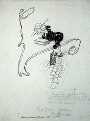 "Jorumgander den yngre lämnade sin butik och gick fram till dem med en låda med pennor som han erbjöd till försäljning", illustration från "The Zankiwank and the Bletherwitch", av S.J. Adair Fitzgerald, publicerad 1896 (penna och bläck på papper)