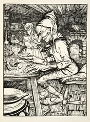Låg!, vrålade jätten och sedan lade hönan genast ett ägg av massivt guld, från The Arthur Rackham Fairy Book, pub. 1933