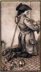 Lilliputiska skräddare som mäter Gulliver för att göra honom till en ny kostym, illustration av Arthur Rackham (1867-1939) från Gullivers resor av Jonathan Swift (Dublin)