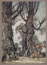 Länkmän som springer framför bärande vinterkörsbär, från Peter Pan i Kensington Gardens av J M Barrie (1860 - 1937), pub. 1906