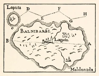 Karta över Laputa (flygande ö uppe till höger) och Balnibarbii (huvudhamnen Maldonada), ur del III: En resa till Laputa, Balnibarbi, Luggnagg, Glubbdubdrib och Japan i Gullivers resor av Jonathan Swift