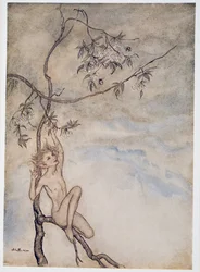 Glad, glad ska jag leva nu under blomman som hänger på grenen, illustration från William Shakespeares The Tempest, pub. 1926