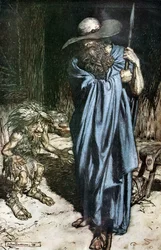Mime och vandraren. Illustration för Siegfried och The Twilight of the Gods av Richard Wagner,
