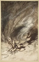 Mime vrider sig under de piskrapp han får, illustration från "Rhenguldet och valkyrian