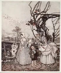 Mor och barn som kommer tillbaka från att plocka äpplen, från Rip Van Winkle av Washington Irving, pub. 1910