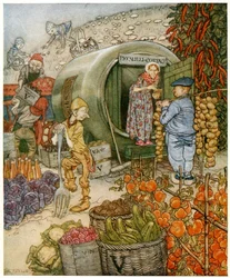 Mr and Mrs Vinegar at Home, Frontispice från English Fairy Tales, pub. 1918 (färglitografi)