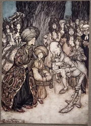 My Lord Duke, sa läkaren upprymt, jag har äran att informera er excellens att er nåd är kär..., från Peter Pan i Kensington Gardens av J M Barrie (1860 - 1937), pub. 1906 (färg
