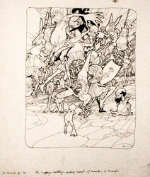 "Ingen individ fick sina ordentliga lemmar fästa vid sig", illustration från "The Zankiwank and the Bletherwitch" av S.J. Adair Fitzgerald, publicerad 1896 (penna och bläck på papper)