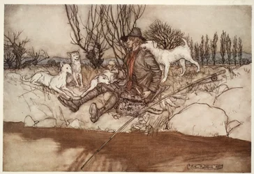 Inte en hund skulle skälla på honom i hela grannskapet., från Rip Van Winkle av Washington Irving, pub. 1910