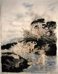 "Åh vilken bra tid att vara vid liv", illustration från "A Wonder Book" av Nathaniel Hawthorne, publicerad 1922 (penna och bläck & akvarell på papper)