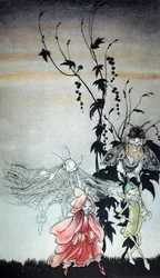 Peaseblossom, spindelnät, Moth, Mustardseed, älvorna som besökte Titania i En midsommarnattsdröm av Arthur Rackham