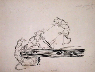 "Råttor! ... åt osten ur karen!", illustration från "The Pied Piper of Hamelin", version av Robert Browning, publicerad 1934 (penna och bläck på papper)