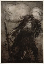 Rip vaknar. Visst, även om han, har jag inte sovit här på hela natten? Åh! Den där flaggan! Den där elaka flaggan! Vilken ursäkt ska jag göra för Dame Van Winkle? från Rip Van Winkle av Washington Irving, pub. 1910