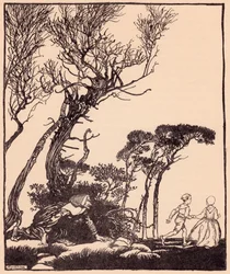 Hon smög efter dem i hemlighet, som häxor kryper. Illustration av Arthur Rackham från Grimms saga Lillebror och lillasyster.