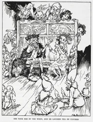 "Hon tog honom i handleden och han skrattade tills han kluckade". Elfinjungfrur och troll. Illustration för 