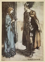 Siegfried ger tillbaka drickshornet till Gutrune och stirrar på henne med plötslig passion, illustration från "Siegfried and the Twilight of the Gods", 1924