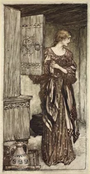 Sieglinde förbereder Hundings drak för natten, illustration från "Rhenguldet och valkyrian