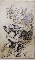 Sprite and Monster, en illustration från Tales from Shakespeare av Charles (1775-1834) och Mary Lamb (1764-1847) 1909 (penna och bläck, wc)
