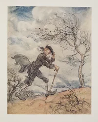 Strider längs profilen av en kulle en blåsig dag.., från The Legend of Sleepy Hollow av Washington Irving (1783 - 1859), pub. 1928