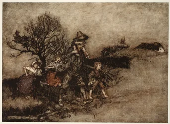 Omgiven av en trupp barn., från Rip Van Winkle av Washington Irving, pub. 1910