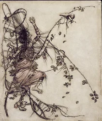 Älskling Roland, illustration från Bröderna Grimm, översatt av Mrs Edgar Lewis, publicerad 1900 (penna och bläck & wc på papper)