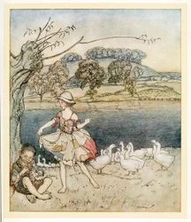 Tattercoats dansar medan goosherden pipar, från engelska Fairy Tales, pub. 1922.