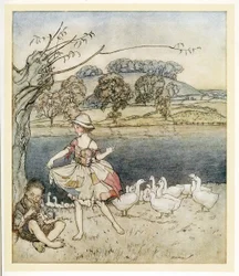 Tattercoats dansar medan goosherden pipor, från engelska Fairy Tales, pub. 1922
