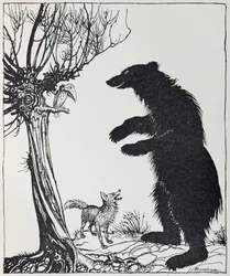 Björnen och räven, illustration från "Aesops fabler", publicerad av Heinemann, 1912