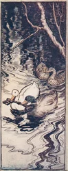 The Ducks, som han en gång hade räddat, dök och tog upp nyckeln från djupet från Sagorna om bröderna Grimm, pub. 1909