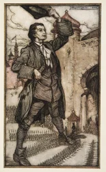 Kejsaren av Lilliput granskar sina trupper, från Gullivers resor av Jonathon Swift (1667 - 1745), pub. 1909 (lito i färg)