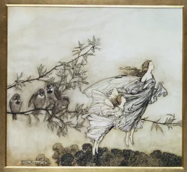 Feerna har sin Tiff with the Birds, illustration från 1906 för Peter Pan i Kensington Gardens av J.M. Barrie, pub. 1906 (bläck och wc)